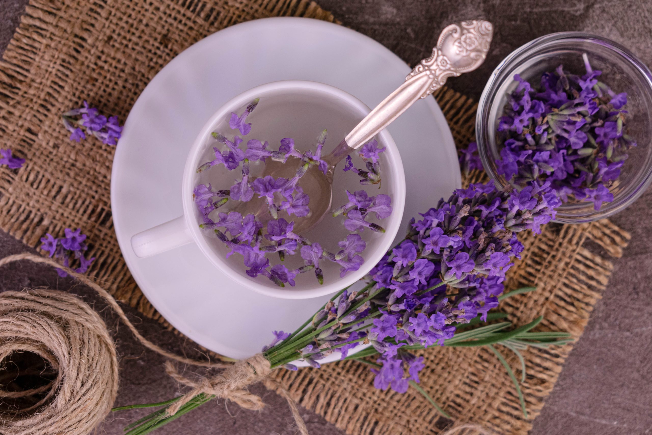 Aromatic Lavender White Tea in a cup a bouquet of fresh lavender flowers.