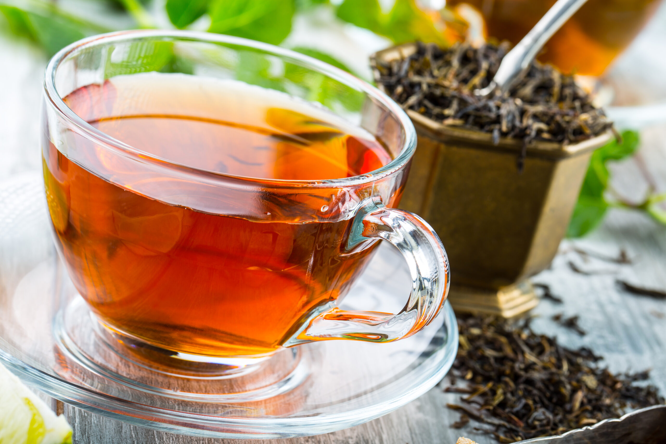 Ceylon Tea in a glass cup on a slate plate