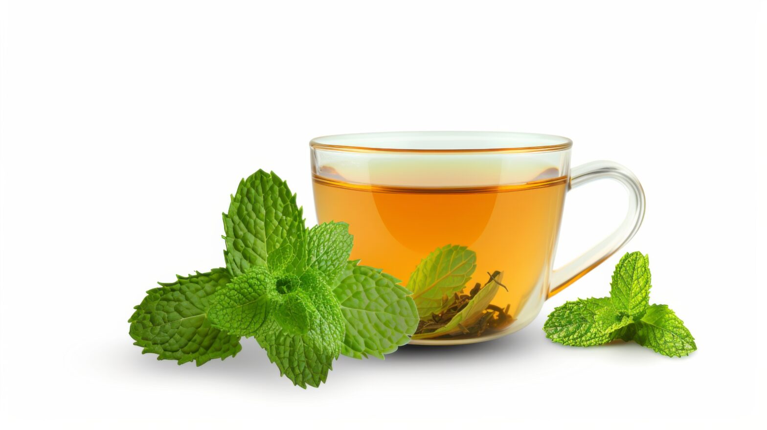 A glass cup of refreshing Decaffeinated tea with fresh mint leaves on a white background