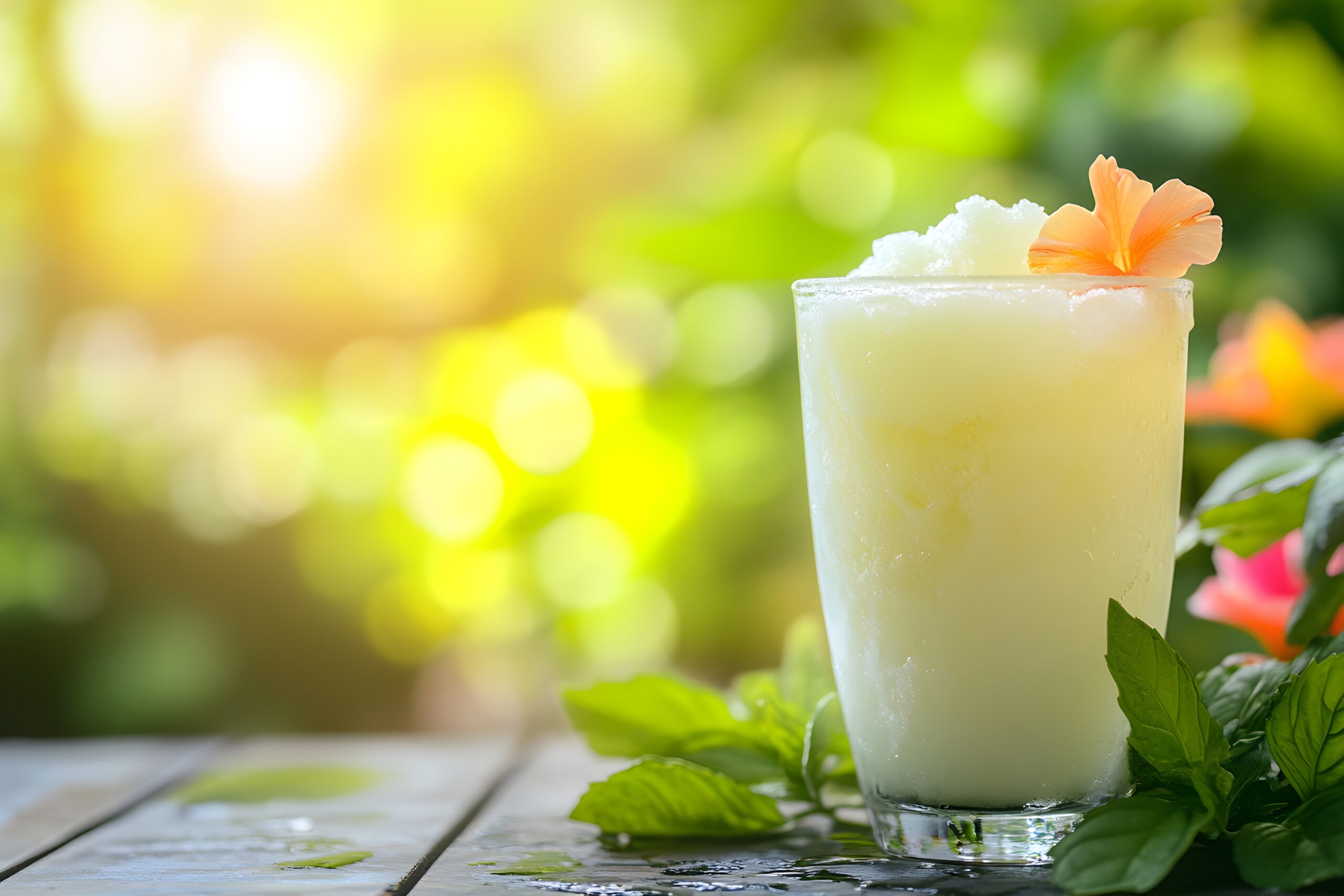 Glass of granita tea down the glass, sitting on a wooden table with blurred green plants and vibrant flowers softly framing the garden