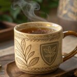 Close up of a handcrafted ceramic mug filled with deep golden ashwagandha tea