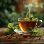 Cup of spearmint tea with mint leaf